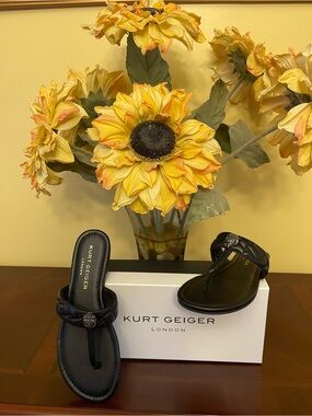 New, Kurt Geiger Black Quilted Leather Thong Sandals with Silver Emblem